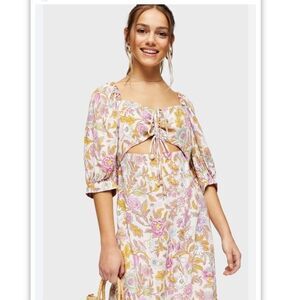 Topshop cutout floral print midi dress Sz US 2. NWT NEW pink white